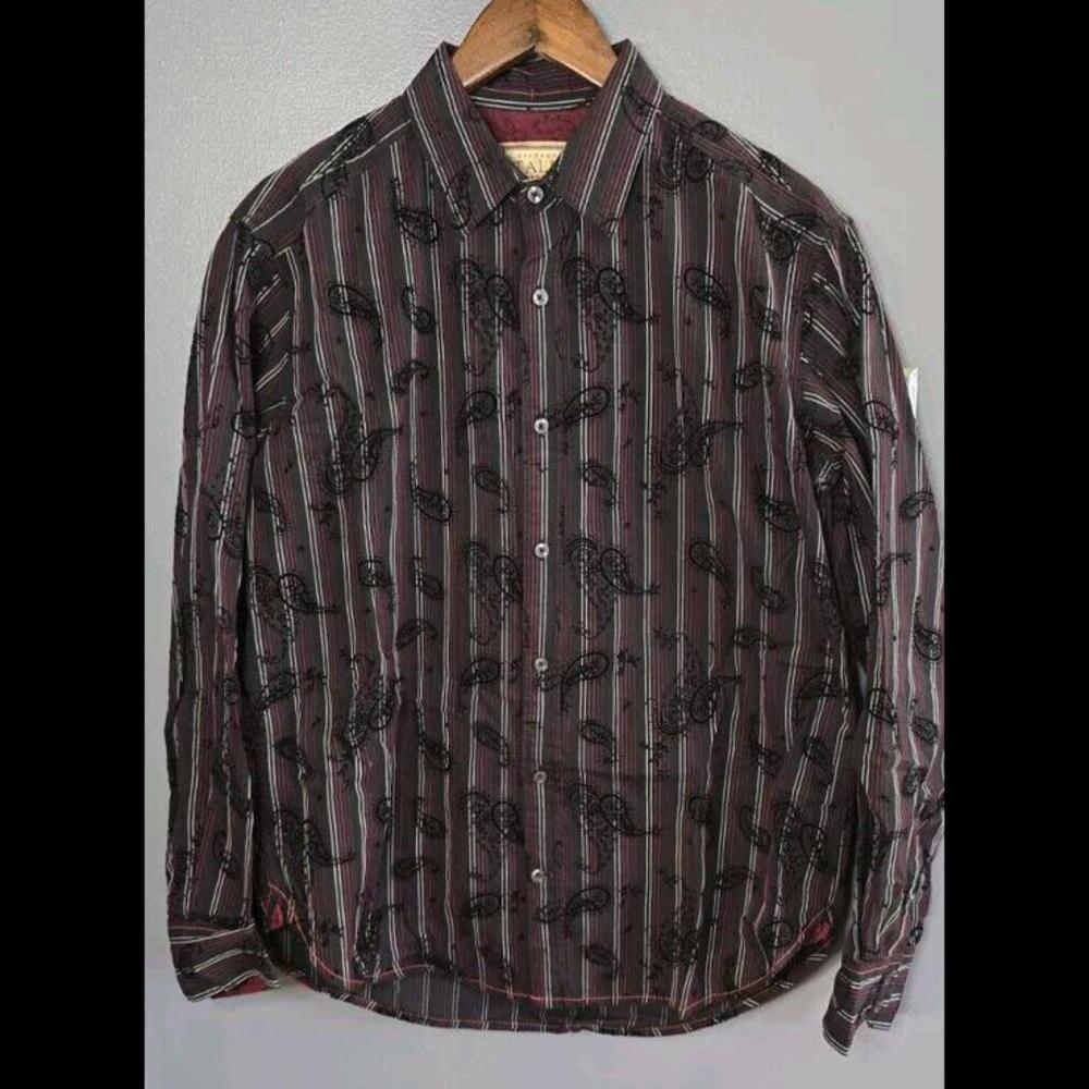 Vintage Italia Button Up Shirt Mens Medium Purple Black Velvet Paisley Flip Cuff